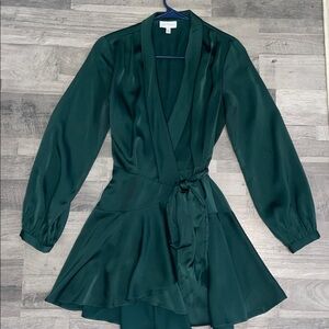 Deep Emerald Satin Wrap Mini Dress